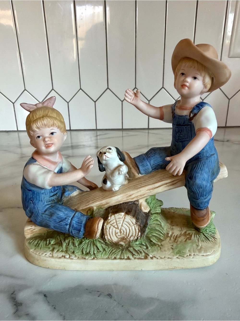 Vintage 1985 Homco Denim Days #8827 Boy & Girl on See-Saw